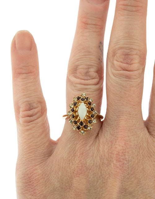 Load image into Gallery viewer, Vintage Ring Genuine Opal with Clear and Ruby Austrian Crystals 18kt Yellow Gold Electroplated by PVD Vintage Jewelry
