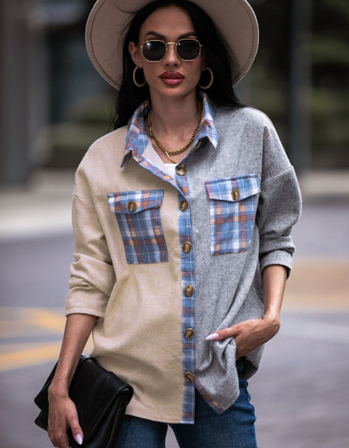 Load image into Gallery viewer, Shiny Plaid Contrast Drop Shoulder Shacket
