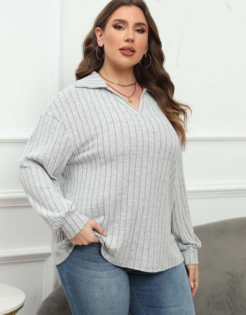 Load image into Gallery viewer, Plus Size Ribbed Collared Neck Long Sleeve Blouse
