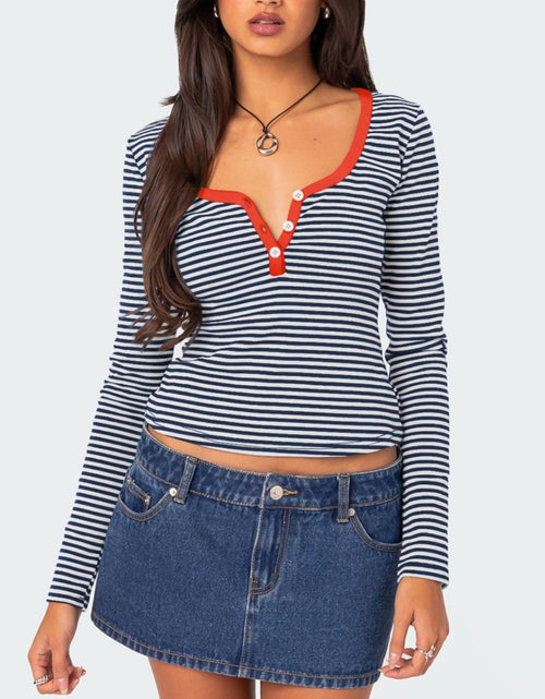Load image into Gallery viewer, Buttoned Striped Long Sleeve T-Shirt
