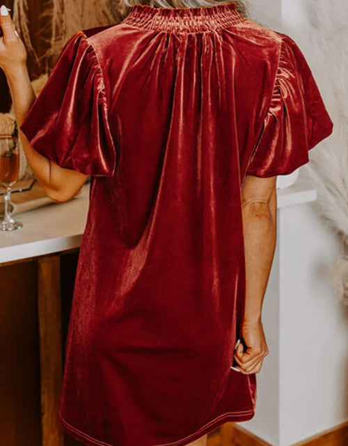 Load image into Gallery viewer, Velvet Tie Neck Short Sleeve Mini Dress
