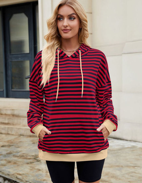 Load image into Gallery viewer, Drawstring Contrast Striped Long Sleeve Hoodie
