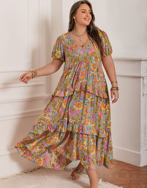 Load image into Gallery viewer, Plus Size Printed V-Neck Short Sleeve Maxi Dress
