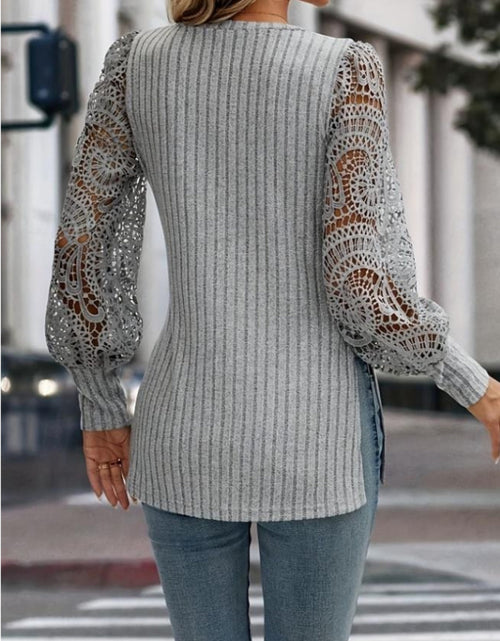 Load image into Gallery viewer, Side Slit V-Neck Lace Long Sleeve T-Shirt
