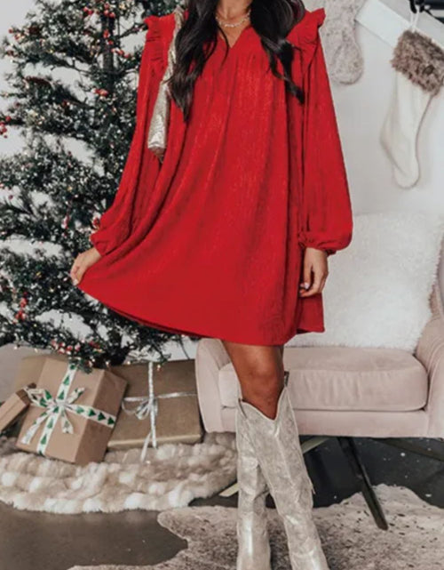 Load image into Gallery viewer, Frill Notched Long Sleeve Dress
