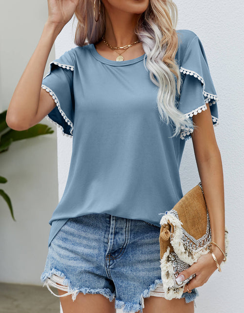 Load image into Gallery viewer, Pom-Pom Trim Flutter Sleeve Round Neck Tee
