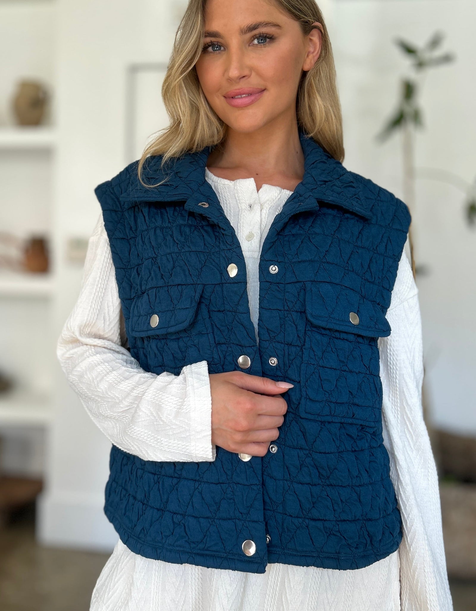 Double Take Full Size Pocketed Texture Snap Down Vest Coat