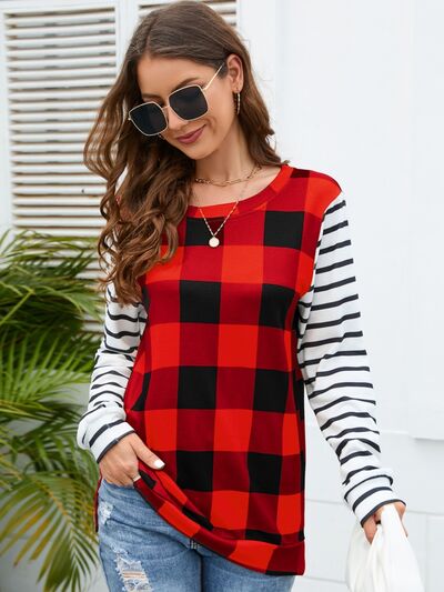 Load image into Gallery viewer, Plaid Striped Round Neck Long Sleeve T-Shirt
