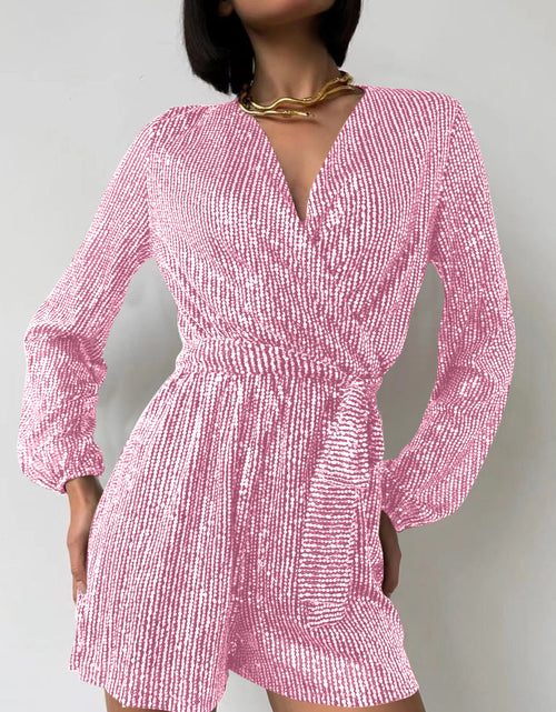 Load image into Gallery viewer, Full Size Sequin Surplice Tie Waist Long Sleeve Romper
