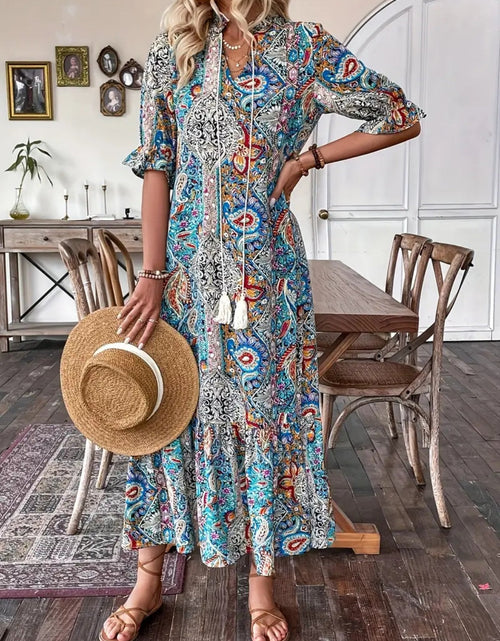 Load image into Gallery viewer, Printed Tie Neck Flounce Sleeve Midi Dress
