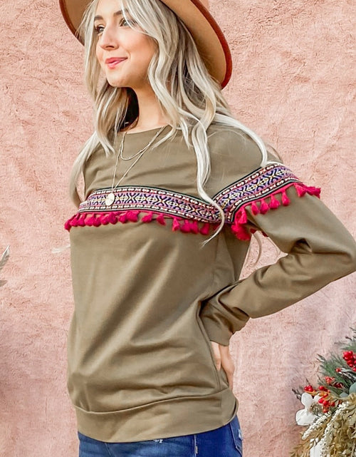 Load image into Gallery viewer, And The Why Ethnic Ribbon Tassel Trim Top
