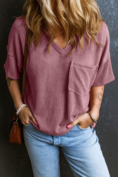 Load image into Gallery viewer, Textured V-Neck Dropped Shoulder T-Shirt
