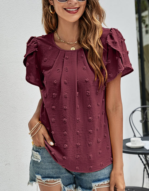 Load image into Gallery viewer, Swiss Dot Round Neck Petal Sleeve Top
