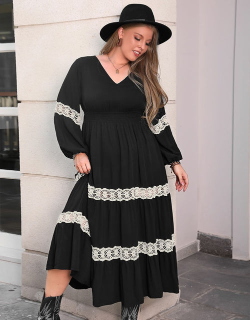 Load image into Gallery viewer, Plus Size Lace Detail V-Neck Long Sleeve Midi Dress
