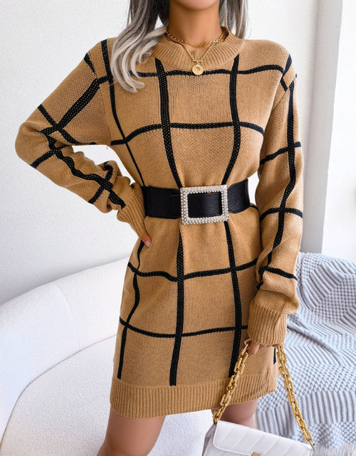 Load image into Gallery viewer, Plaid Round Neck Dropped Shoulder Sweater Dress
