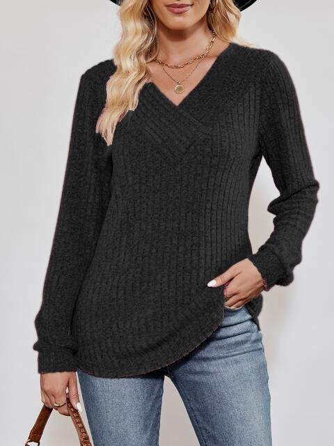 Load image into Gallery viewer, V-Neck Ribbed Long Sleeve Top
