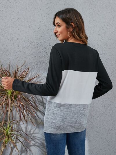 Load image into Gallery viewer, Color Block Round Neck Long Sleeve T-Shirt
