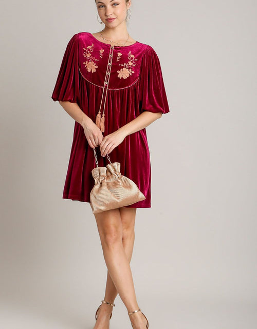 Load image into Gallery viewer, Umgee Embroidered Half Sleeve Velvet Mini Dress with Tassel
