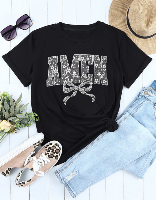 Load image into Gallery viewer, AMEN Bow Round Neck Short Sleeve T Shirt
