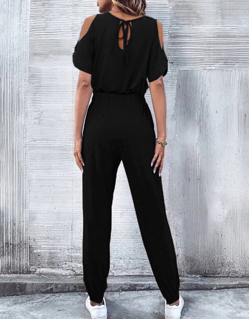 Load image into Gallery viewer, V-Neck Cold-Shoulder Jumpsuit with Pockets
