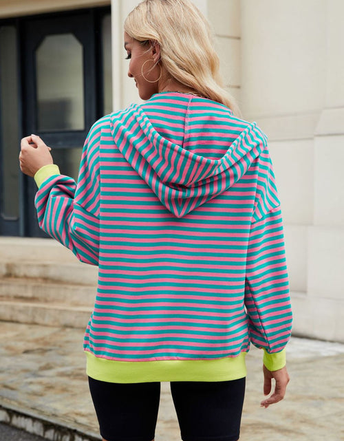 Load image into Gallery viewer, Drawstring Striped Zip Up Long Sleeve Hoodie
