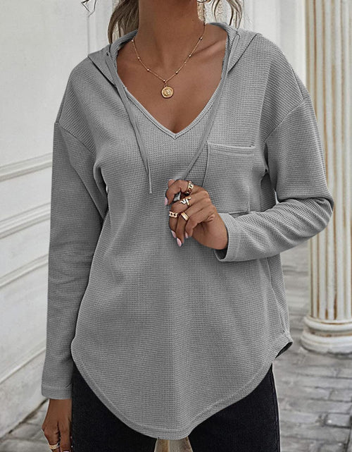 Load image into Gallery viewer, Drawstring Waffle Knit Long Sleeve Hooded Top
