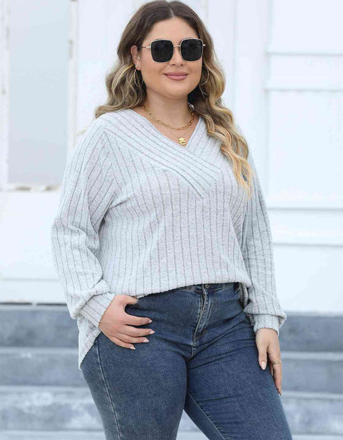 Load image into Gallery viewer, Plus Size Ribbed V-Neck Long Sleeve Top
