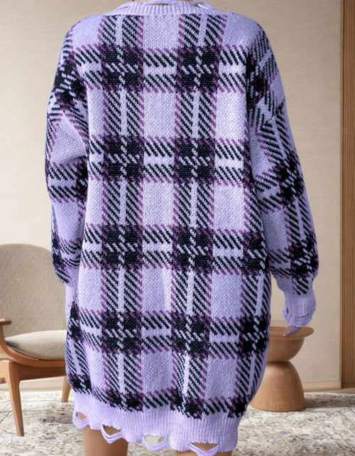 Load image into Gallery viewer, Distressed Plaid V-Neck Long Sleeve Sweater Dress
