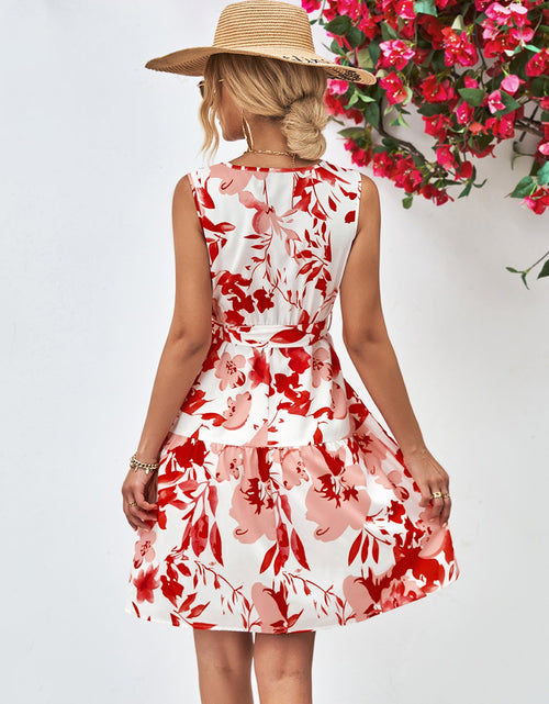 Load image into Gallery viewer, Floral V-Neck Tie Waist Sleeveless Dress
