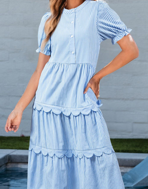 Load image into Gallery viewer, Stripe Bubble Short Sleeve Tiered Scallop Midi Dress
