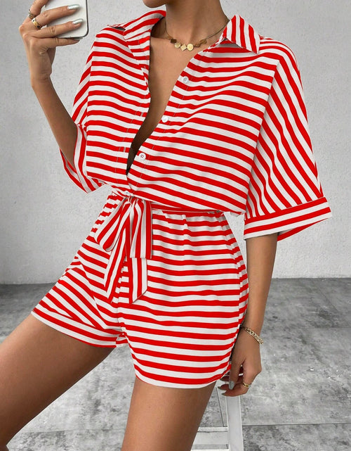 Load image into Gallery viewer, Tie Waist Half Button Striped Romper
