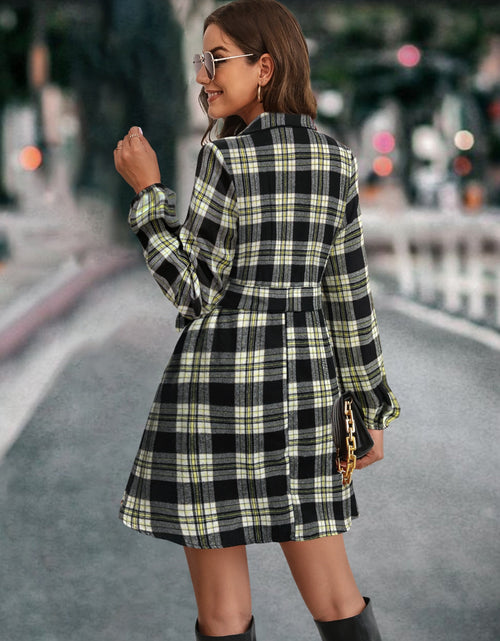 Load image into Gallery viewer, Plaid Tie Front Collared Neck Long Sleeve Dress
