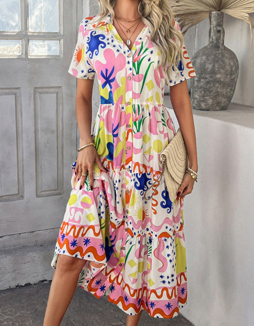 Load image into Gallery viewer, Devine Printed Johnny Collar Button Down Short Sleeve Midi Shirt Dress

