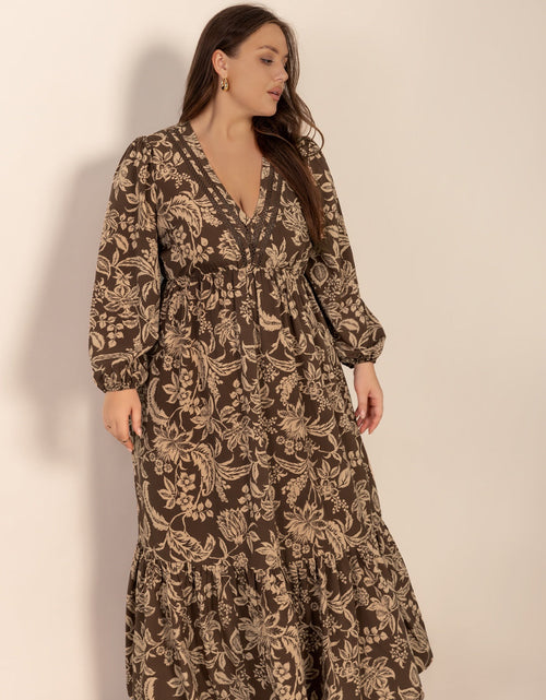 Load image into Gallery viewer, Plus Size Printed V-Neck Balloon Sleeve Maxi Dress
