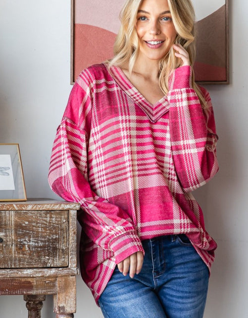 Load image into Gallery viewer, Heimish Plaid Drop Shoulder V-Neck T-Shirt
