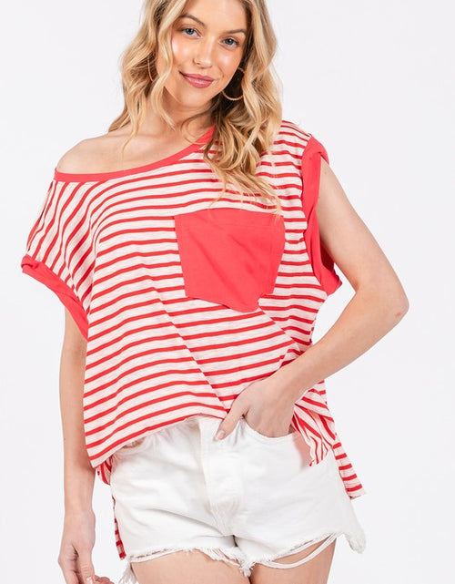 Load image into Gallery viewer, Ces Femme Side Slit Striped Cap Sleeve T-Shirt

