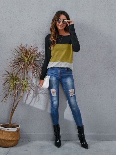 Load image into Gallery viewer, Color Block Round Neck Long Sleeve T-Shirt

