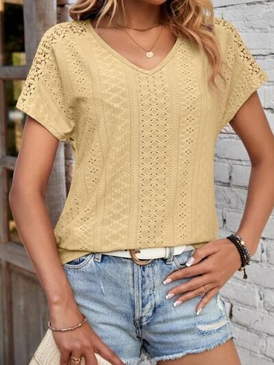 Load image into Gallery viewer, Eyelet V-Neck Short Sleeve T-Shirt
