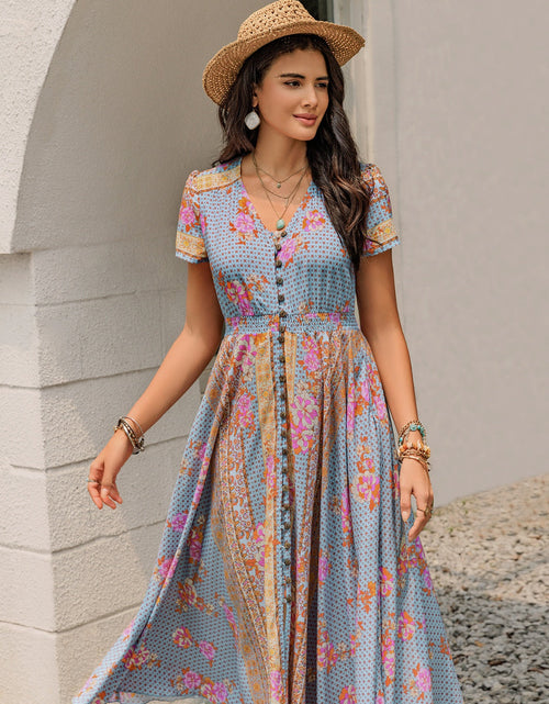 Load image into Gallery viewer, Smocked Floral V-Neck Short Sleeve Midi Dress
