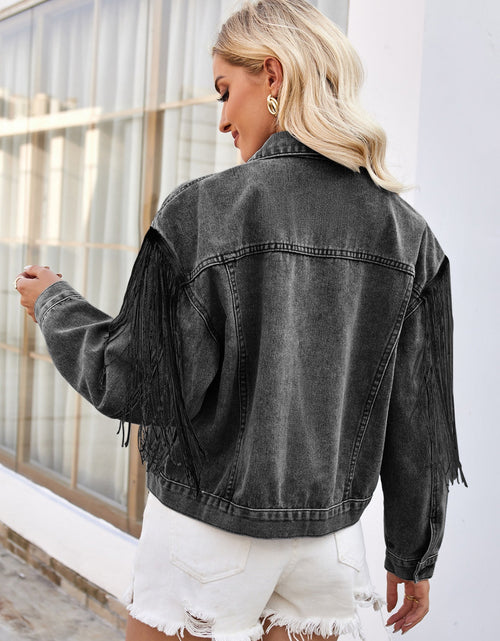 Load image into Gallery viewer, Tassel Button Up Dropped Shoulder Denim Jacket
