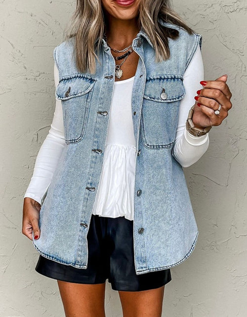 Load image into Gallery viewer, Collared Neck Button Up Denim Vest
