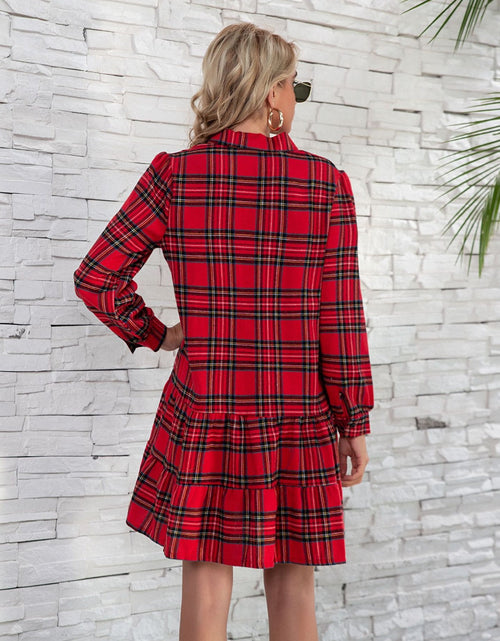 Load image into Gallery viewer, Ruffle Hem Plaid Button Down Long Sleeve Dress
