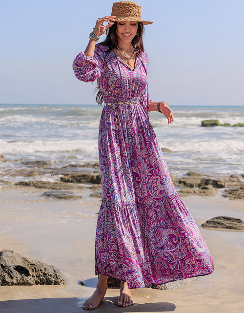 Load image into Gallery viewer, Printed Tie Neck Balloon Sleeve Maxi Dress
