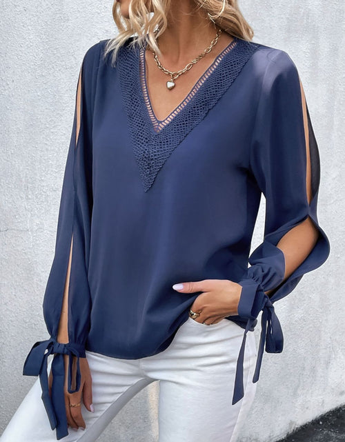 Load image into Gallery viewer, Perfee V-Neck Tie Cuff Slit Blouse
