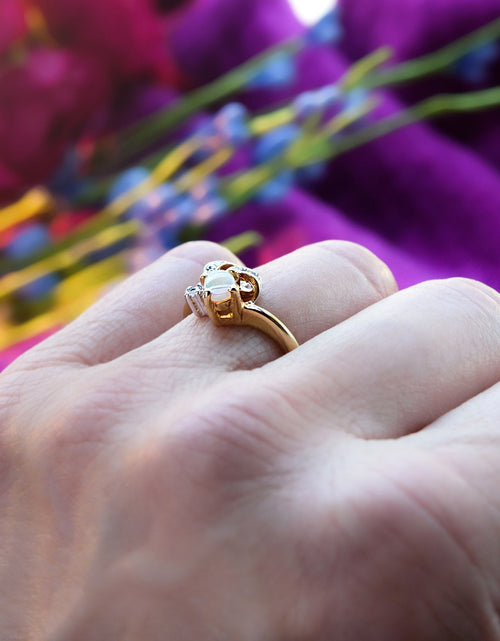 Load image into Gallery viewer, Vintage Genuine Jelly Opal and Clear Austrian Crystal Ring 18k Yellow Gold Electroplated Made in the USA by PVD Vintage Jewelry
