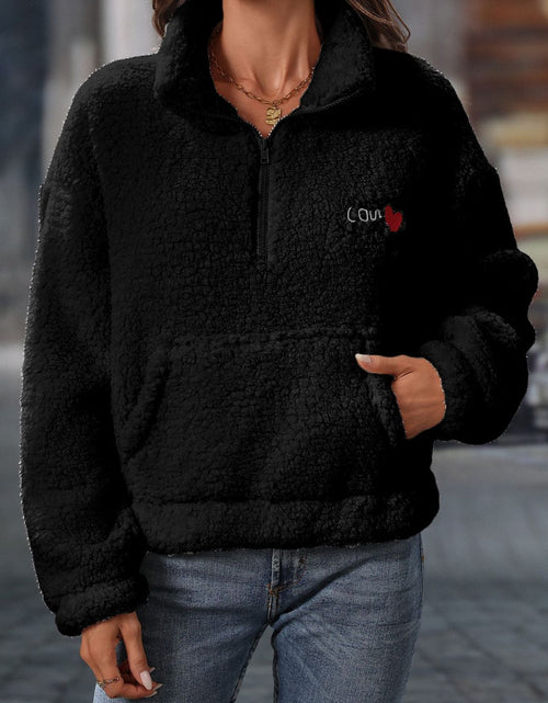 Load image into Gallery viewer, Heart Half Zip Long Sleeve Teddy Sweatshirt
