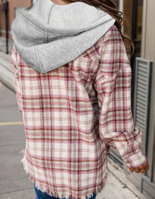 Load image into Gallery viewer, Plaid Raw Hem Drawstring Hooded Jacket
