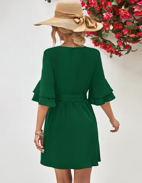 Load image into Gallery viewer, Round Neck Tie Belt Flounce Sleeve Dress
