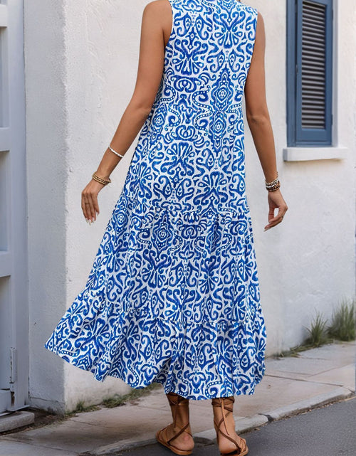 Load image into Gallery viewer, Perfee Decorative Button Printed Notched Sleeveless Midi Dress
