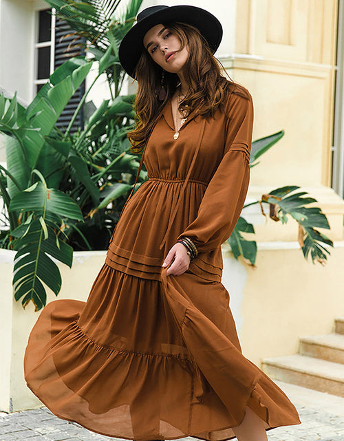 Load image into Gallery viewer, Tie Neck Long Sleeve Midi Tiered Dress
